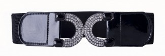 LR Black Elastic Belt with Leather Tab and Rhinestone Buckle